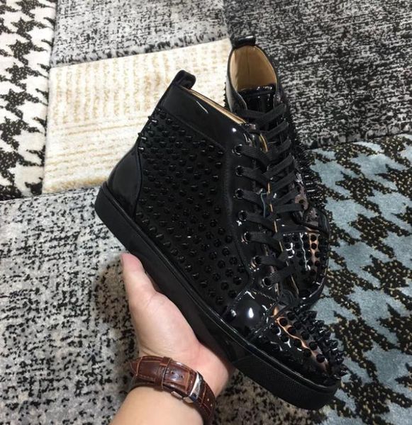 

men's high red sole sneakers shoes spikes sneaker shoes wine-red black patent leatherluxury men women outdoor trainers
