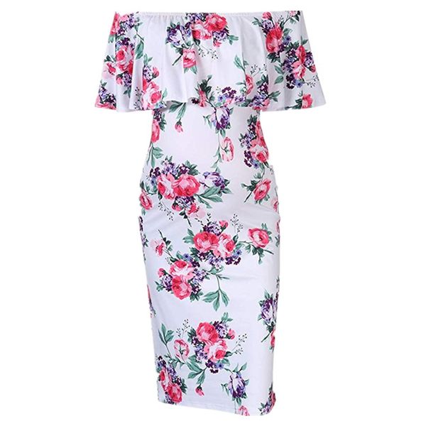 

summer maternity pgraphy props dresses for pregnant women off shoulder floral print baby shower dresses pregnancy, White