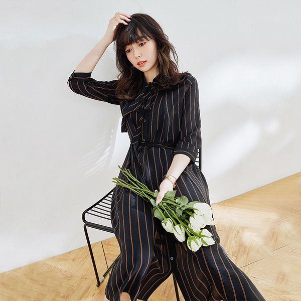 

rongtai] silk silk dress women's summer dress 2020 new fashion waist show thin stripe medium length, Black;gray