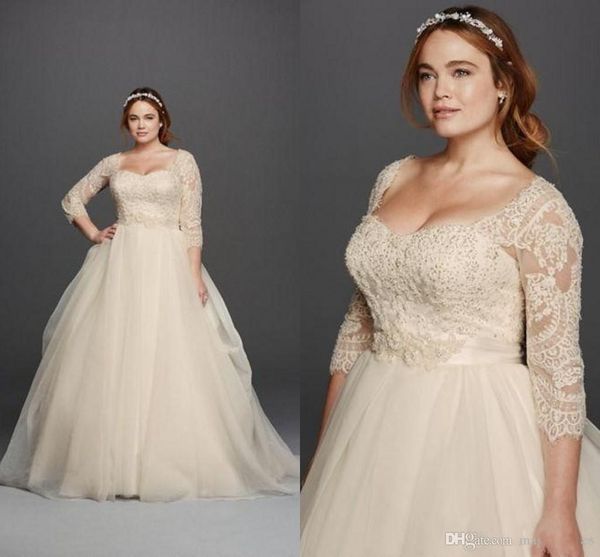 

plus size 2020 new oleg cassini wedding dresses 3/4 sleeves lace sweetheart covered button gloor length princess fashion bridal gowns 439, White