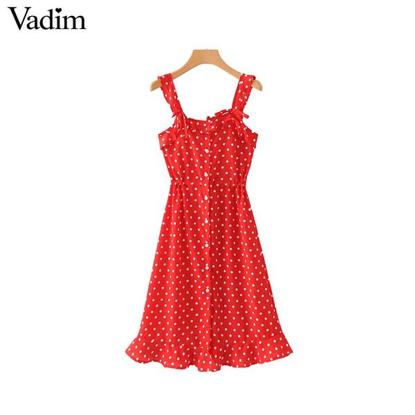

vadim sweet ruffles dot pattern dress spaghetti straps sleeveless bow tie female casual knee length dresses vestidos qa319, White;black