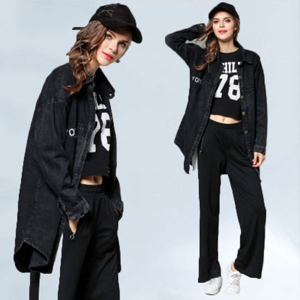 

europe spring and autumn women denim jacket coat medium long casual jeans jacket large size black denim outerwear streetwear 059, Black;brown