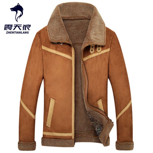 

2020 faux fur collar faux leather jacket cosplay men winter brown suede jacket fleece warm bomber coats male outwear warm thick, Black