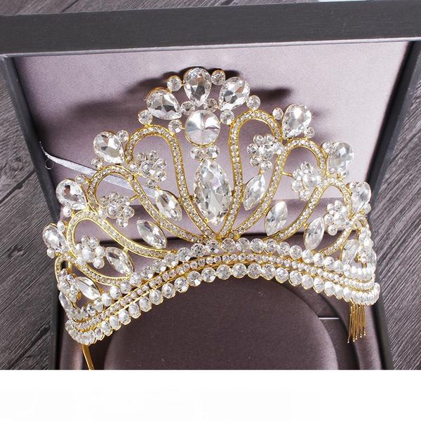 

новый серебряный золотой цвет свадьба королева корона роскошный кристалл большой тиара короны с гребнем невесты свадьба свадебный головной у, Golden;white