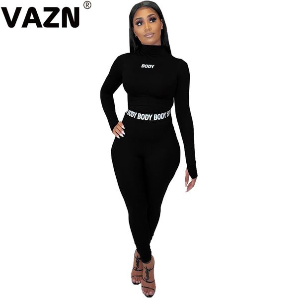 

vazn new arrival 2020 spring lady 3 colors long 2-piece set full sleeve turtleneck tees long skinny pants set letters sets, White