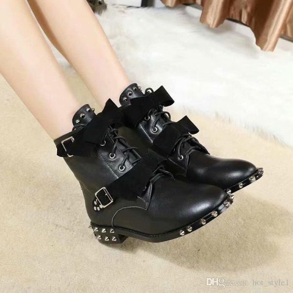 

popular woman new style real leather belt buckle bowtie ankle boots metal rivet belt handsome leather martin boots rivet lace up knight boot, Black