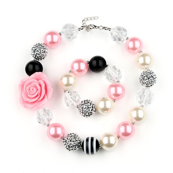 

vcmart dal16745 children girl's color beads necklace and bracelet kit resin pendant pink cute jewelry set party gift, Silver
