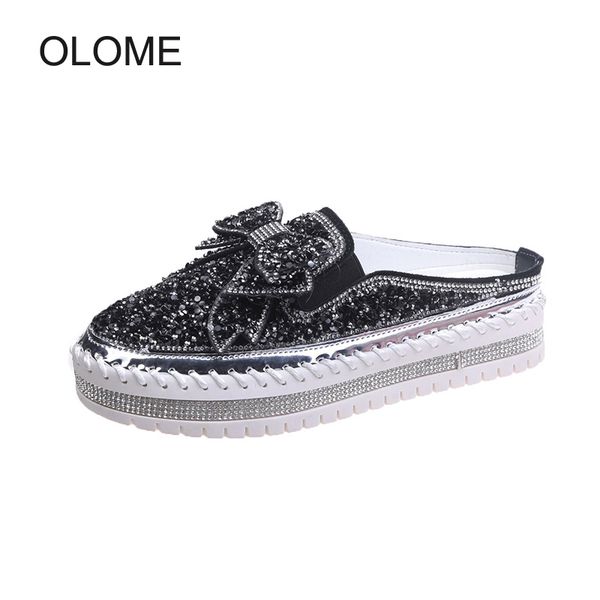 

2020 spring new shoes women fashion female glitter slippers with crystals elegant ladies rhinestones chaussures with bow, Black