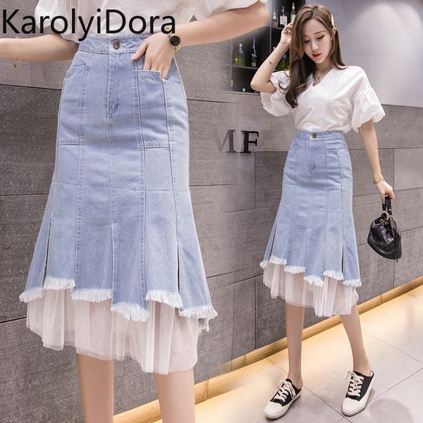 

5xl plus size women's denim skirt 2020 new korean skirt mid-length mesh lace stitching elegant slim hole, Black