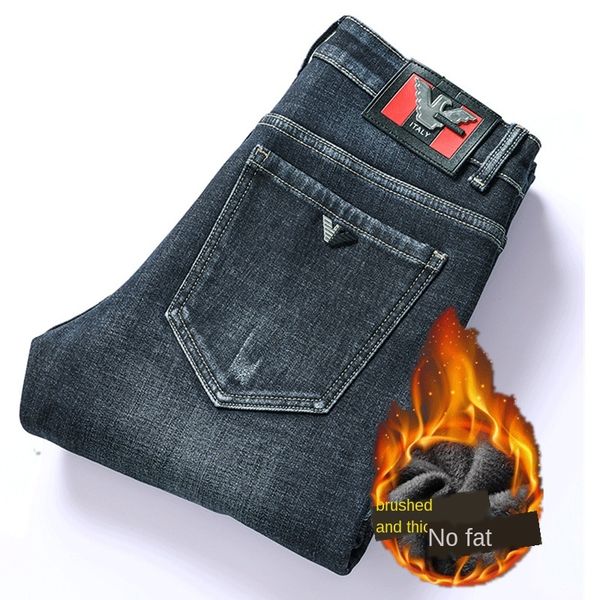 

mens designer winter plush thickened jeans youth elastic casual middle waist straight warm pants, Blue