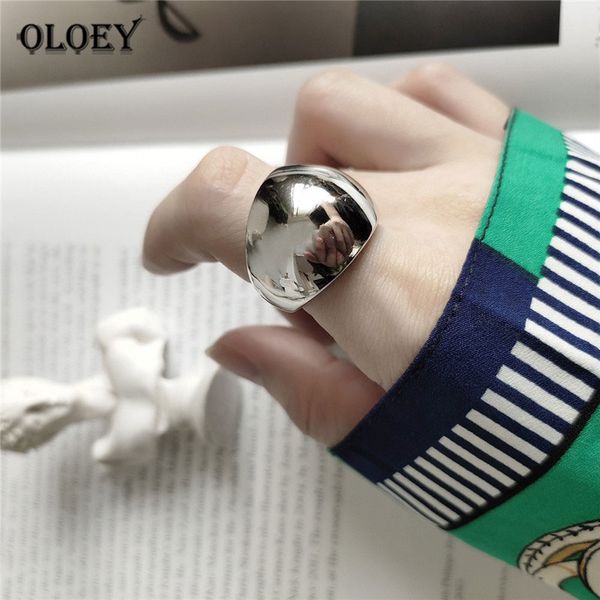 

oloey authentic 925 sterling silver adjustable ring for women cool ins large glossy finger rings bague fine party jewelry ymr863, Golden;silver