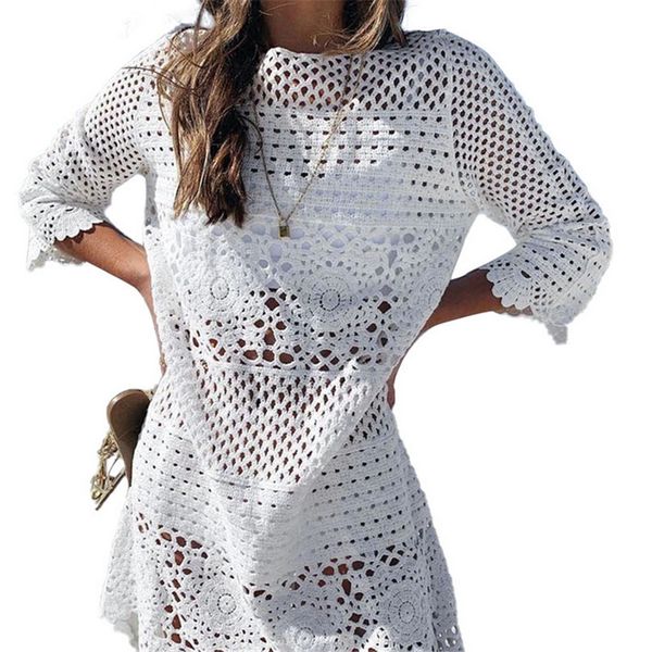 

womens cover-ups 2020 white lace crochet bikini beachwear cover up hollow out beach dress summer bathing suit beach cover up, Blue;gray