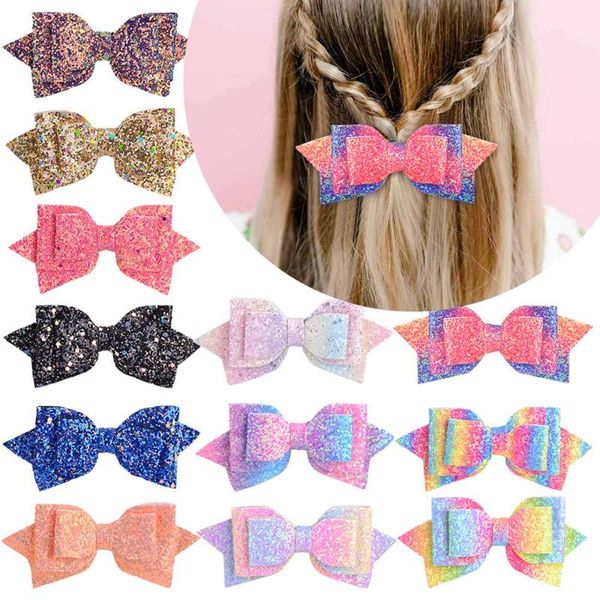 

4.9 iches rainbow hair bows glitter hair clip for kids girls colorful striped hairgrips boutique headwear accessories 141, Slivery;white