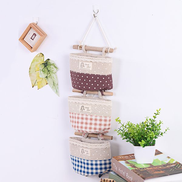 

cotton linen bag lace plaid storage bag single pocket hanging hanging storage