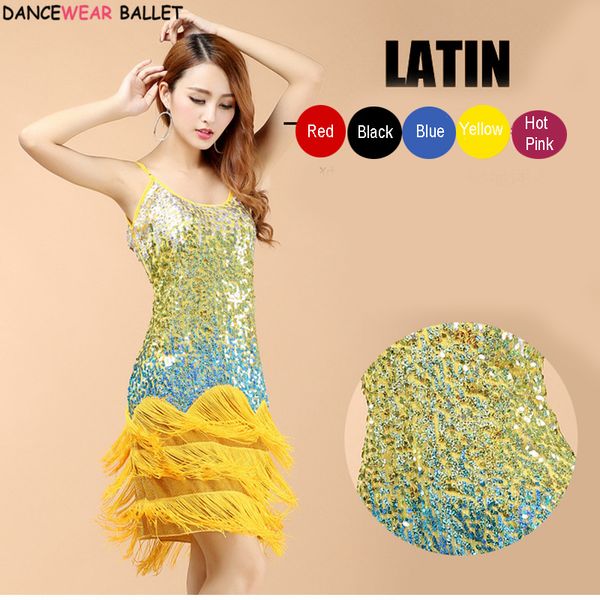 

latin dance dress women tassel rainbow dance wear samba ballroom tango salsa fringe dress latina, Black;red