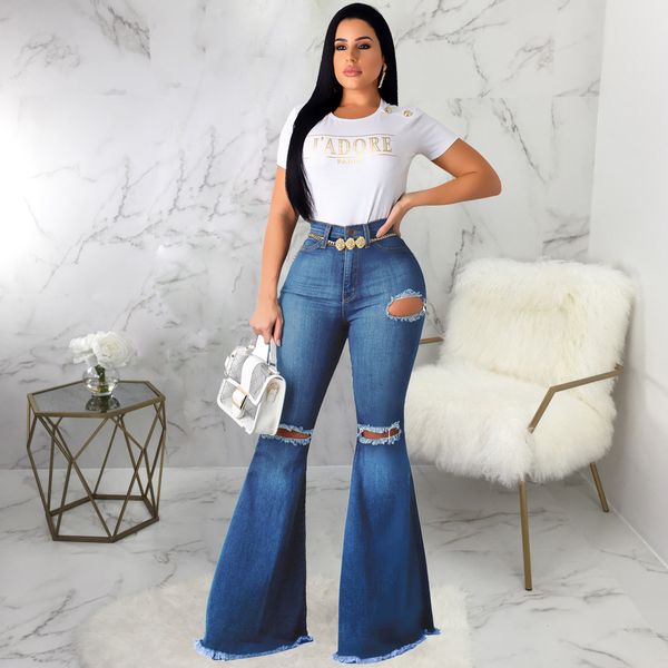 

fashion denim flare pants women retro ripped jeans wide leg trousers lady casual bell-bottoms flare pant female, Blue