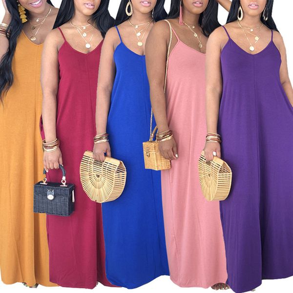 

women maxi dresses casual solid color pocket spaghetti strap floorlength skirts sleeveless loose dress summer clothing 135, Black;gray