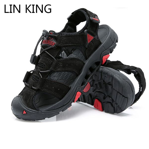 

lin king new brand men sandals 2019 summer genuine leather sandals man outdoor casual sports shoes breathable mens beach, Black