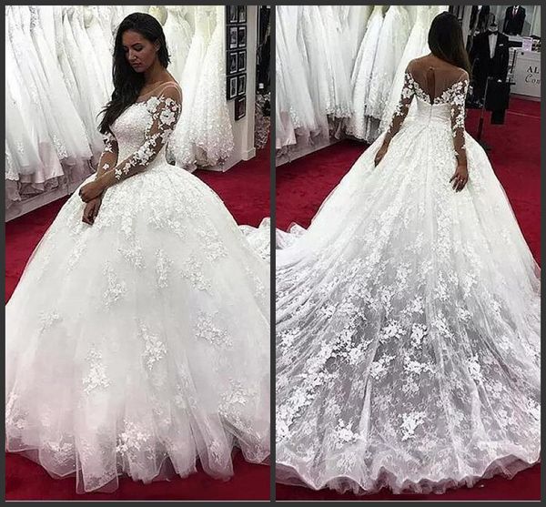 

Elegant Long Sleeves A Line Wedding Dresses Sheer Crew Neck Lace Applique Beaded Vestido De Novia Bridal Gowns