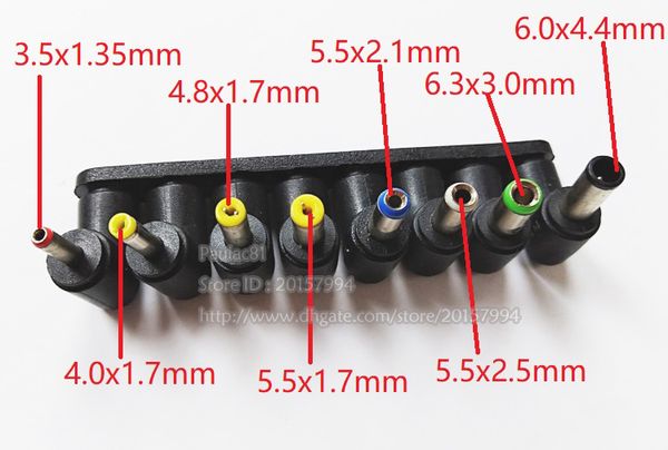 Conectores DC, 90 graus angulados 8 em 1 Universal DC 5.5x2.1mm feminino para conector de potência para laptop / 1set