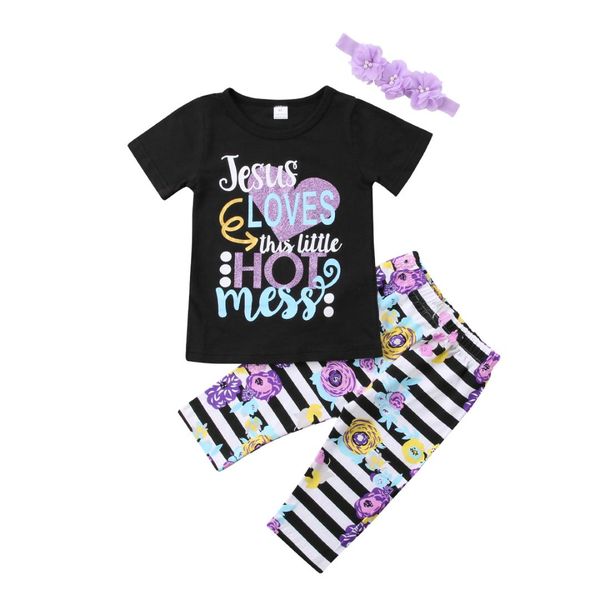 

2018 newborn infant toddler kids baby girl clothes 3pcs girls casual popular t-shirt +floral pants hairband outfits, White