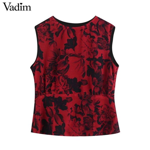 

vadim women vintage floral print blouse o neck sleeveless side zipper buttons decorate shirt female chic blusas wa471, White