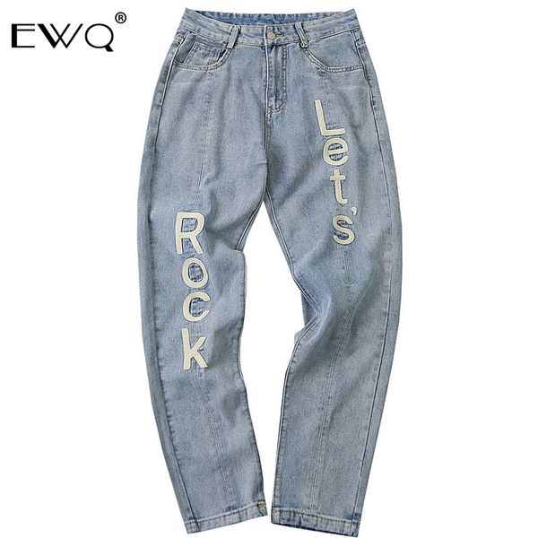 

men's jeans ewq / pants 2021 trend for male letter printing loose directly denim casual trouers hip hop 19h-a177, Blue