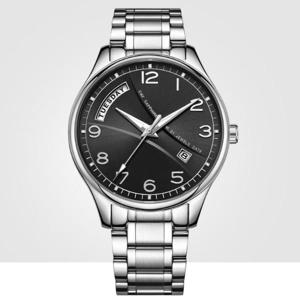 

9006s automatic mechanical watch male watch precision steel watchband luminous week display calendar perspective window butterfly double buc, Slivery;brown