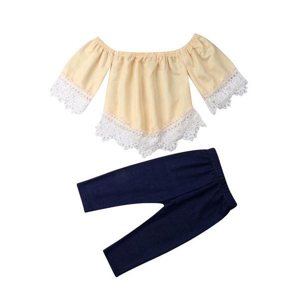 

kids baby girl boutique sets fashion off shoulder loose lace sleeve long pencil pants 2pcs child girl outfits clothes 6m-5y, White