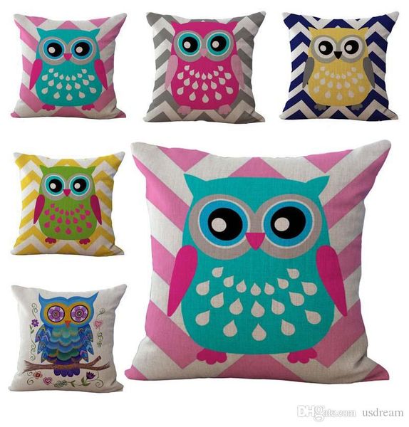 Colorful Carton Owl Birds Pillow Case Cushion Cover Linen Cotton