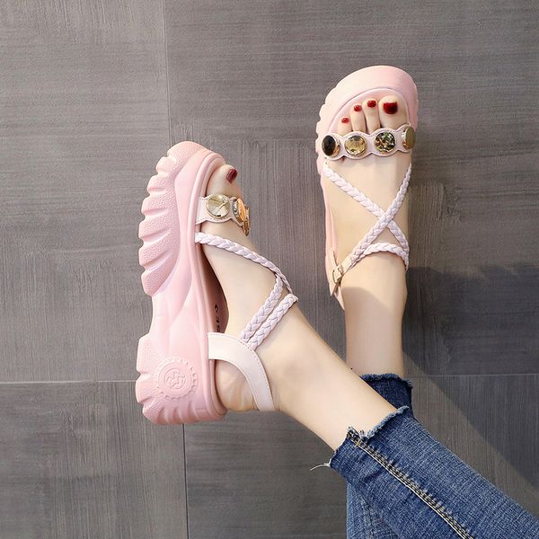

2020 sandals strappy heels black shoes for women wedge muffins shoe increasing height cross cross-shoes all-match women's