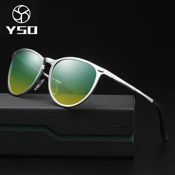 

yso sunglasses men polarized uv400 aluminium magnesium frame hd lens night vision driving glasses round accessories for men 8563, White;black