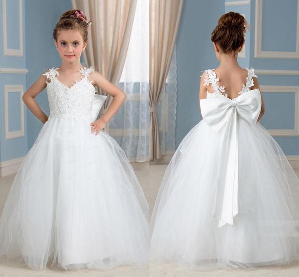 Feito sob encomenda novo vestido de baile de renda branca vestidos da menina de flor com contas até o chão tule vestido de menina para casamentos