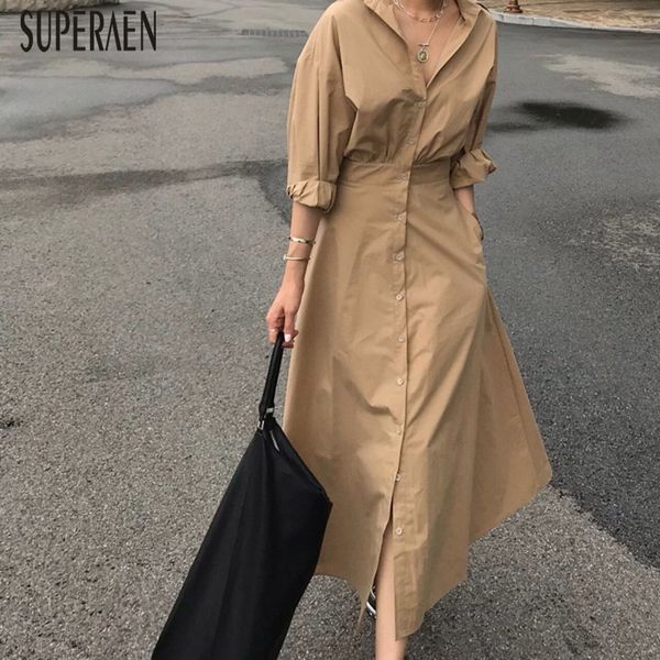 

superaen korean style women long dress lapel solid color cotton ladies dress autumn new 2019 casual fashion women clothing, Black;gray