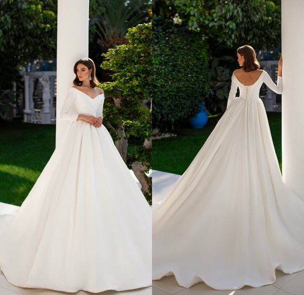 

simple gorgeous wedding dresses v-neck long sleeve satin bridal gown sweep train backless custom made garden robes de mariÃ©e sell, White