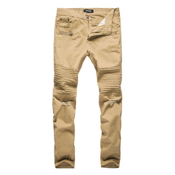 

new khaki biker jeans pleated men's skinny slim stretch denim pants arrival hip-hop street ripped jeans, Black