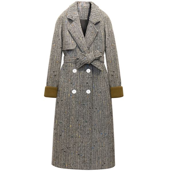 

winter women coat gray striped doublebreasted long sleeve wool coats ladies elegant trench woolen overcoats outerwear, Black