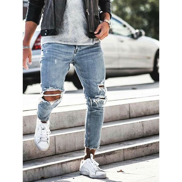 

fashion men's jeans ripped skinny jeans destroyed frayed slim fit denim pants long pants denim biker work trousers, Blue