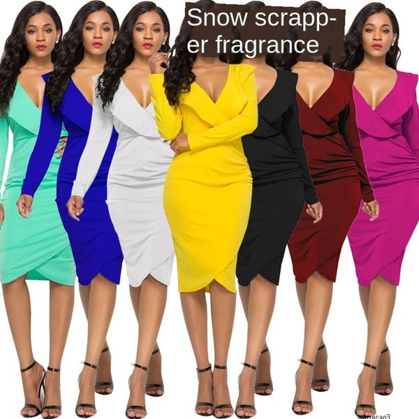 

womens designer solid color banquet dress v-neck long sleeve hip split dress 2sezh, Black;gray