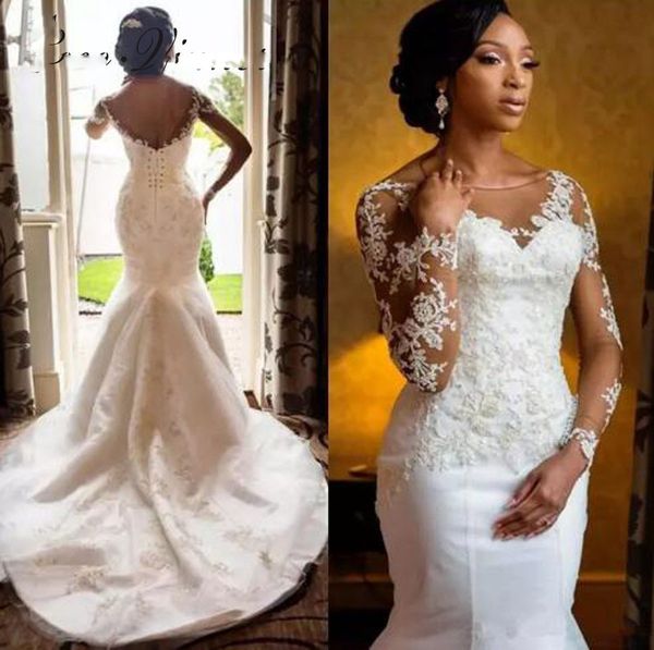 Abito da sposa a maniche lunghe con scollo a barchetta senza schienale Abiti da sposa vintage africani con applicazioni in pizzo di colore bianco stile sirena