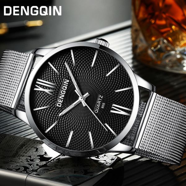 

dengqin men wrist watch luxury quartz sport stainless steel dial band watch for man watches mens 2019 male clock, Slivery;brown