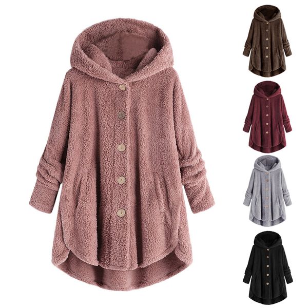 

plus size women hoodies jacket 2019 autumn winter fleece warm hoodie coats female plush button loose irregular jackets outerwear, Black;brown