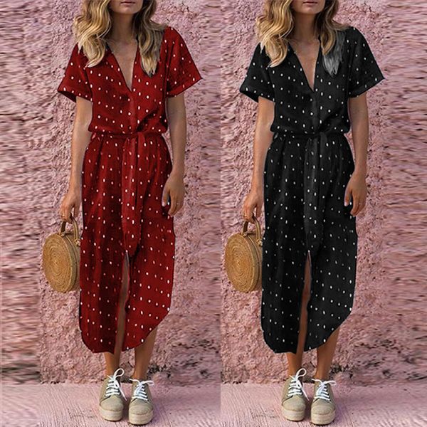 

summer boho beach dress womens casual daily bow tie v neck dot print button short sleeve soild long maxi dress ropa mujer, Black;gray