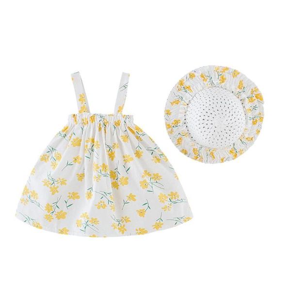 

baby girls summer sleeveless print princess dress with hat toddler dresses, Red;yellow