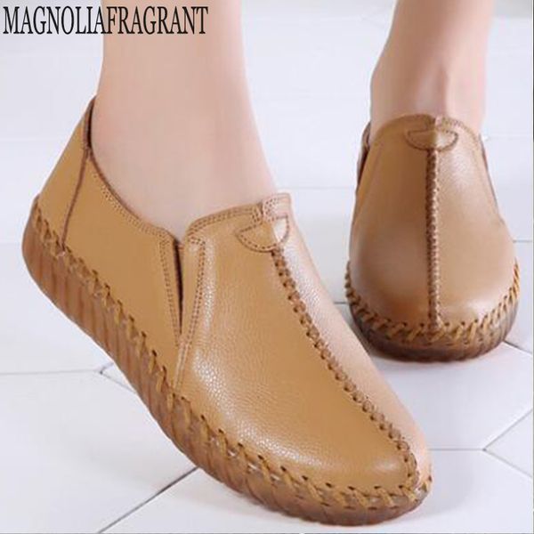 

autumn new genuine leather shoes leisure mother shoes for women flats ladies loafers non-slip soft sole single y615, Black