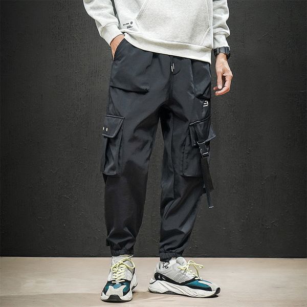 

uyuk winter new style with fleece thickened feet casual fashion multi-pocket loose men's trousers joggers streetwear, Black