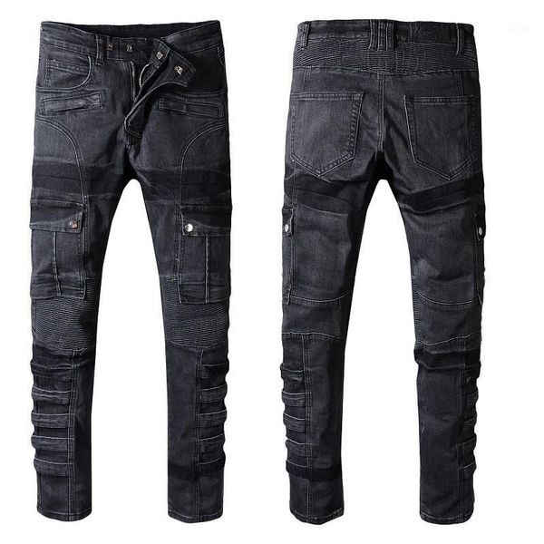 

bandage decoration mens pencil pants hidden button pleated luxury jeans mens designer brand jeans fashion many, Blue