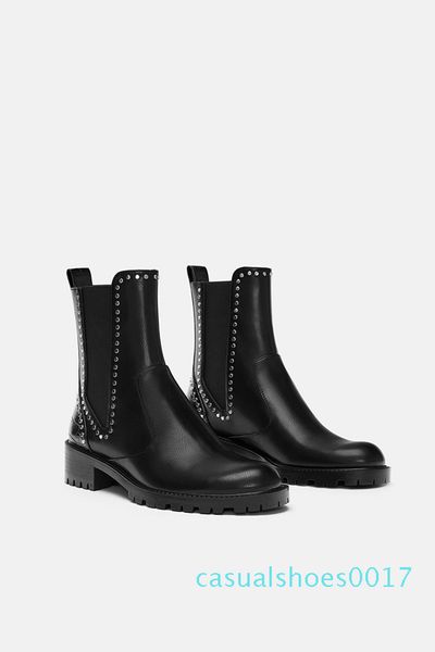 

side elastic force rivet head flat bottom short boots knight boot boot women's shoes c17, Black