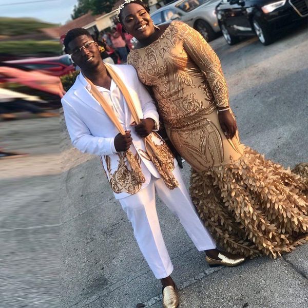 

gold sequined mermaid prom dresses scoop neck full sleeve plus size evening party gowns leaf skirt prom gown, White;black