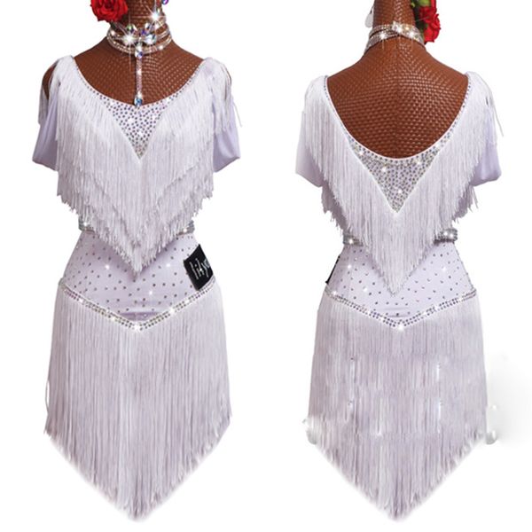 

latin dance dress white tassel exquisite glitter diamond competition clothing salsa rumba cha cha samba lady stage wear dn6181, Black;red